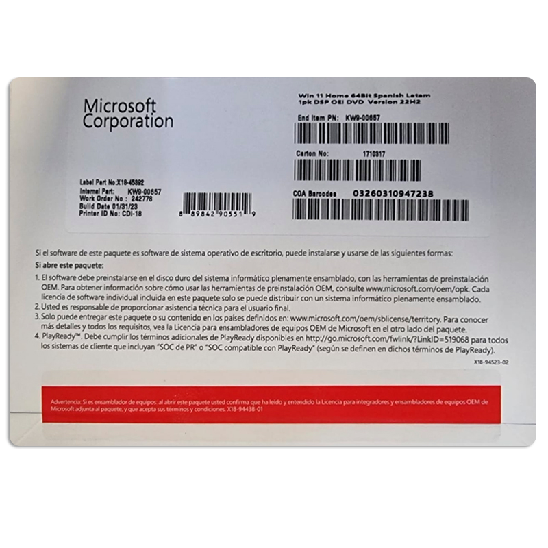 Sistema Operativo Microsoft Windows Home 11, 64 bits, español, 1pk, DSP OEM DVD.