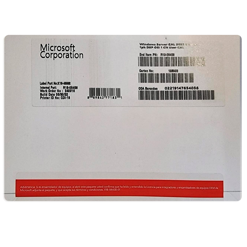 Microsoft Windows Server CAL 2022 Spanish 1pk DSP OEI 1 Clt User CAL (R18-06458)