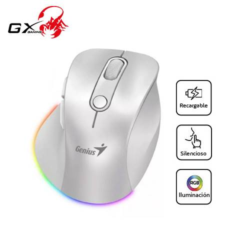 MOUSE GENIUS ERGO 9000S PRO RECARGABLE DUAL WIRELESS/BT 6-BOT SILENT RGB PEARL WHITE (31030039400)