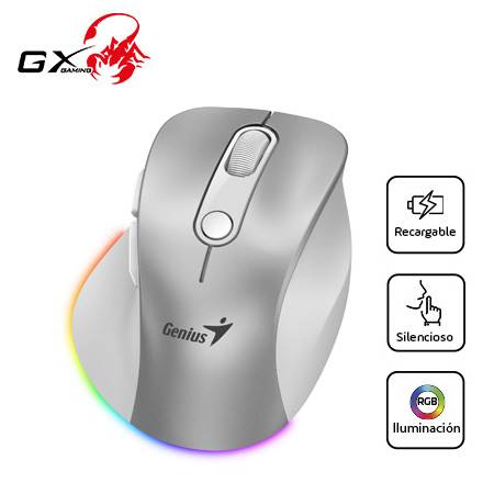 MOUSE GENIUS ERGO 9000S PRO RECARGABLE DUAL WIRELESS/BT 6-BOT SILENT RGB SILVER (31030039402)