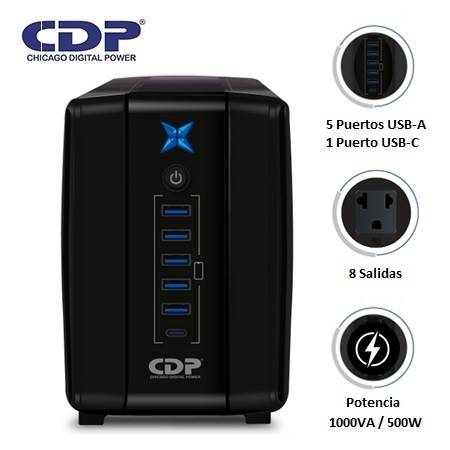 UPS CDP R-UPR1008I 1000VA/500W 8 SALIDAS / 5 PORT USB / 1 TIPO C / AUTONOMIA 40 MIN BLACK (R-UPR1008I)