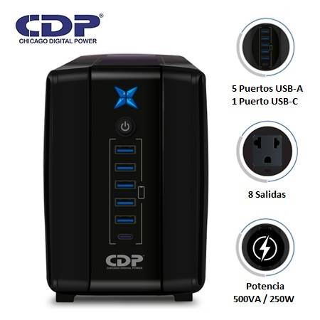 UPS CDP R-UPR508I 500VA/250W 8 SALIDAS / 5 PORT USB / 1 TIPO C / AUTONOMIA 20MIN BLACK (R-UPR508I)