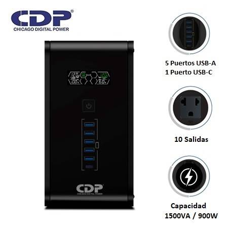 [0030309] UPS CDP R-SMART 1510I 1500VA / 900W / 10 SALIDAS / 5 PORT USB-A / 1 PORT USB-C BLACK (R-SMART1510I)