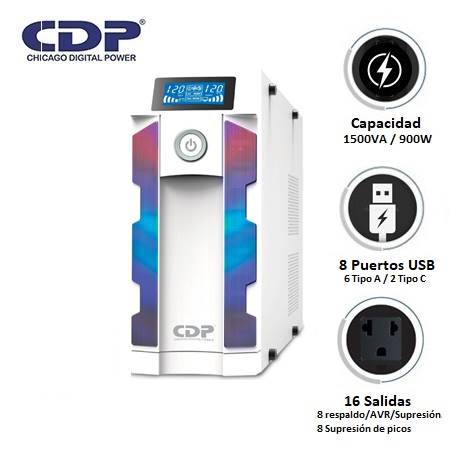 [0030665] UPS CDP GAMING G-SMART1516I 1500VA / 900W / 16 SALIDAS / 8 PORT USB-A / 2 PORT USB-C BLACK (G-SMART1516I)