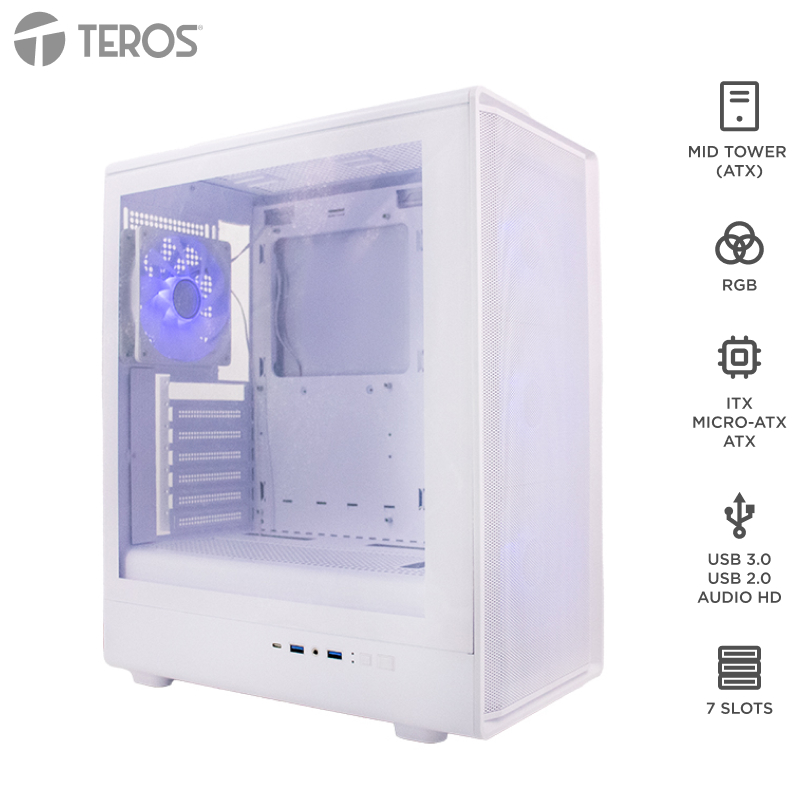 [495485] Case sin fuente Gamer TEROS TE-1329G, ITX, M-ATX, ATX, 3.5" y 2.5", Blanco