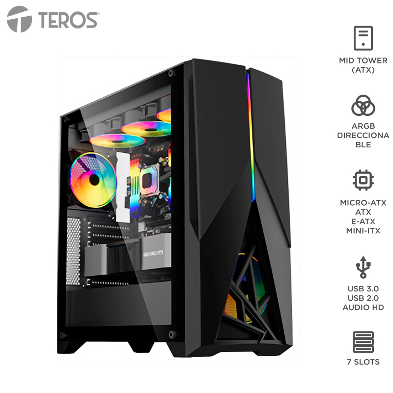 [419697] Case gamer TEROS TE-1174N, Mid Tower, USB 3.0 / USB 2.0, audio, ventilador ARGB, negro
