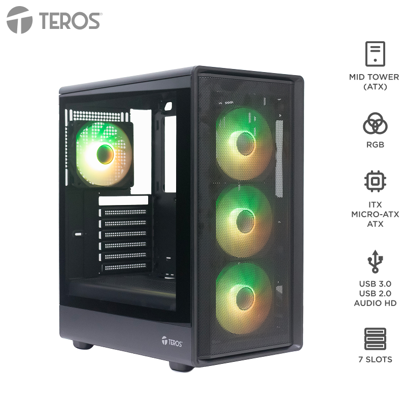 [478208] Case sin fuente gamer TEROS TE-1323G, ITX, M-ATX, ATX, 3.5" y 2.5", negro