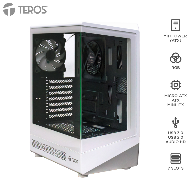 Case gamer TEROS TE-1322G, Mid Tower, USB 3.0 / USB 2.0, audio, ventilador RGB, blanco