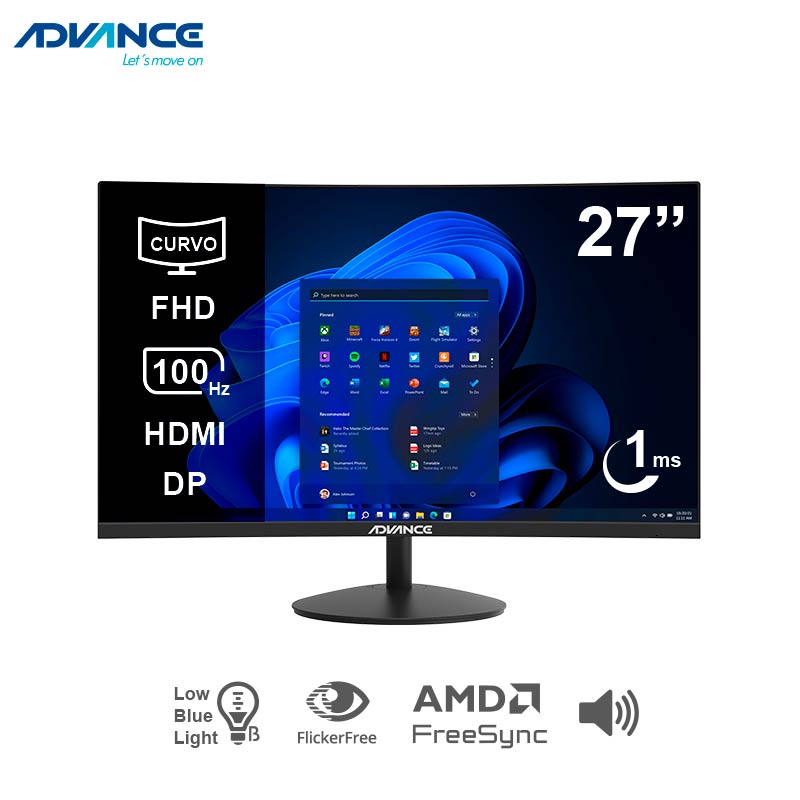 [452735] Monitor Curvo Advance ADV-2751S, 27" FHD VA, 100Hz, 1ms, HDMI, DP, Parlantes, Negro