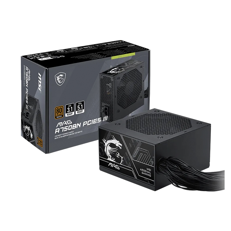 Fuente de alimentación MSI MAG A750BN PCIE5 III, 750W, 80 PLUS Bronze, Formato ATX.