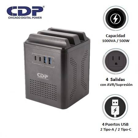 ESTABILIZADOR CDP RUAVR1004I 1000VA/500W 4 SALIDAS/2 USB-A/2 USB-C (RUAVR1004I)