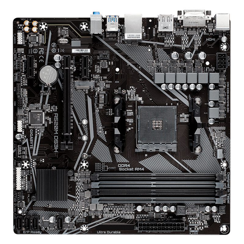 Motherboard Gigabyte A520M DS3H (rev. 1.0), AM4, DDR4, HDMI, DVI-D, DP, HD Audio.