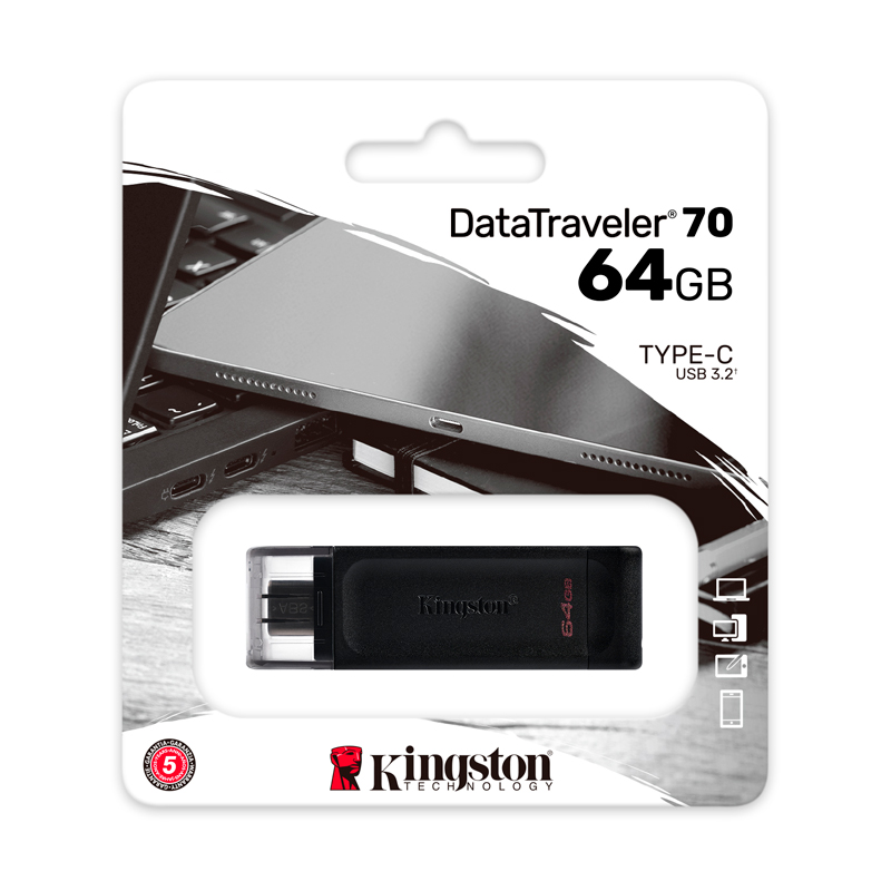[357672] Memoria Flash USB Kingston DataTraveler 70, 64GB, USB-C 3.2 Gen1, presentación en colgador