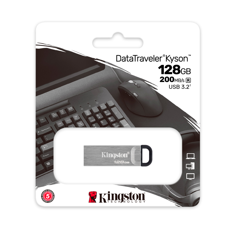 [388324] Memoria Flash USB Kingston DataTraveler Kyson 128GB, USB 3.2 Gen 1, Color Plata.