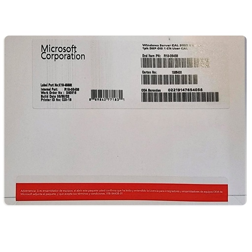 [msr1806458] Microsoft Windows Server CAL 2022 Spanish 1pk DSP OEI 1 Clt User CAL (R18-06458)