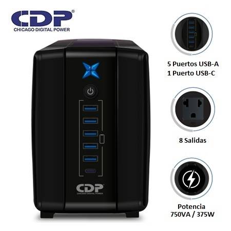 UPS CDP R-UPR758I 750VA/375W 8 SALIDAS / 5 PORT USB / 1 TIPO C / AUTONOMIA 20MIN BLACK (R-UPR758I)
