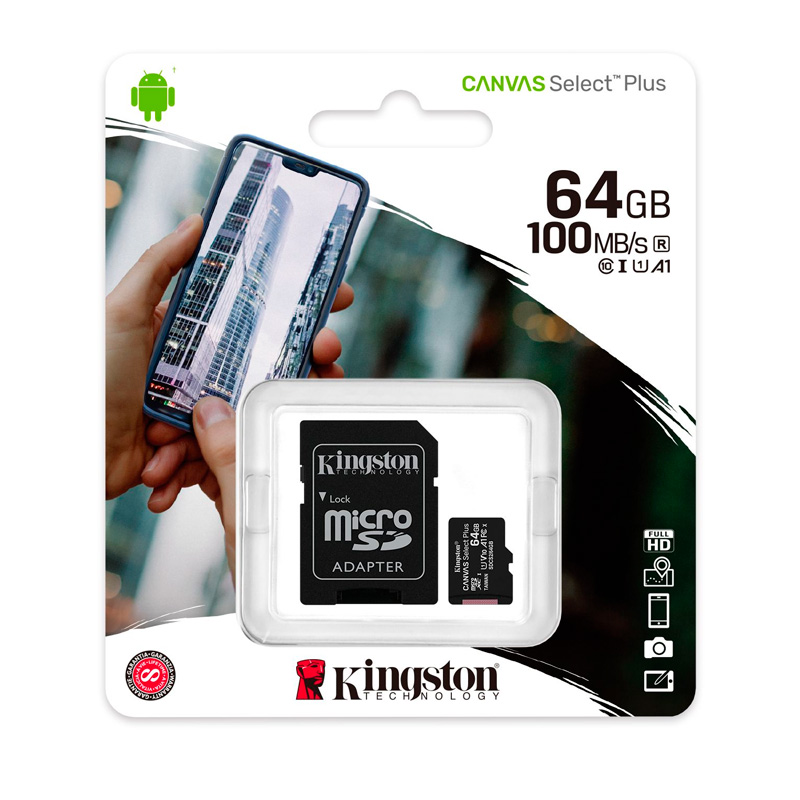 [acktsdcs264gb] Memoria micro-SD Kingston Canvas Select, 64GB, UHS-I Speed Class 1 (U1), con Adaptador SD