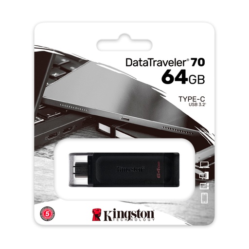 [acktdt7064gb] Memoria Flash USB Kingston DataTraveler 70, 64GB, USB-C 3.2 Gen1, presentación en colgador